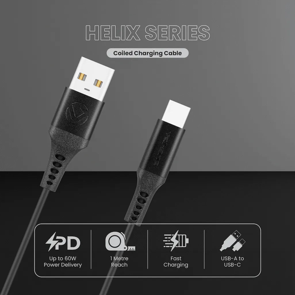 Volkano Helix Series Coiled 1m Charging Cable USB-A To USB-C 60W - Black