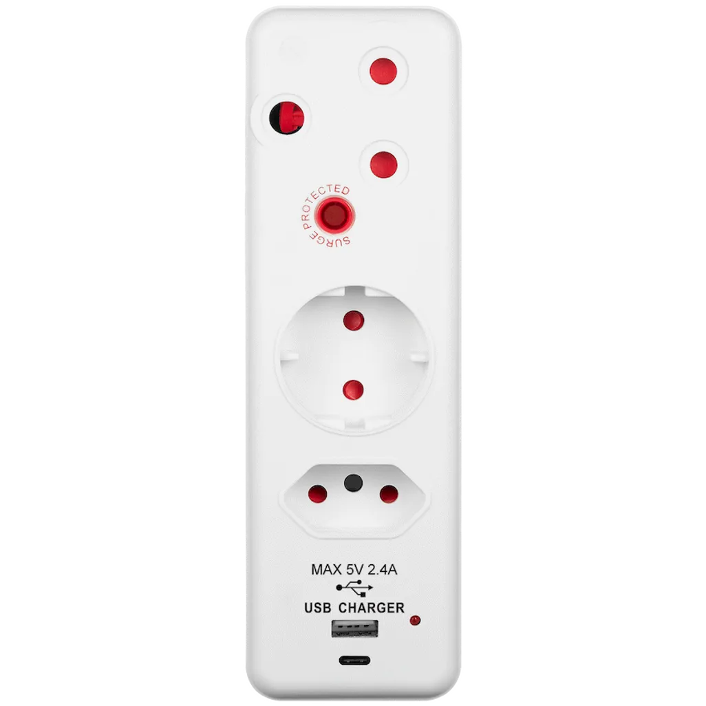 Switched 3-Way Medium Surge Adaptor - Schuko with Type-C + USB