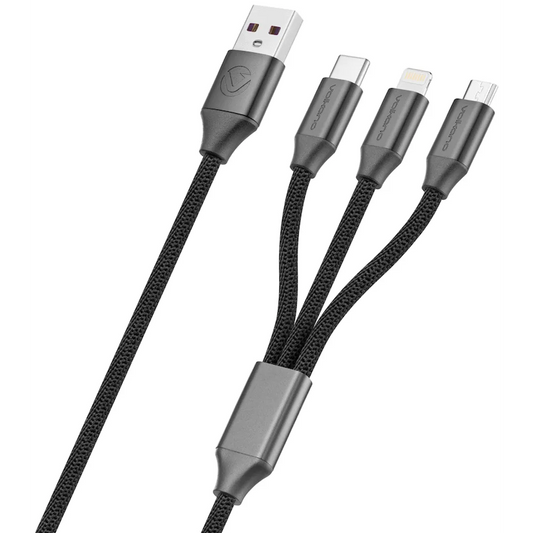 Volkano Weave Series Fabric Braided 3-in-1 (Type-C/Lightning/Micro) Cable 1m - Black