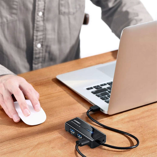 UGREEN USB Type-A Male to Ethernet Adapter with 3-Port USB Hub – Black