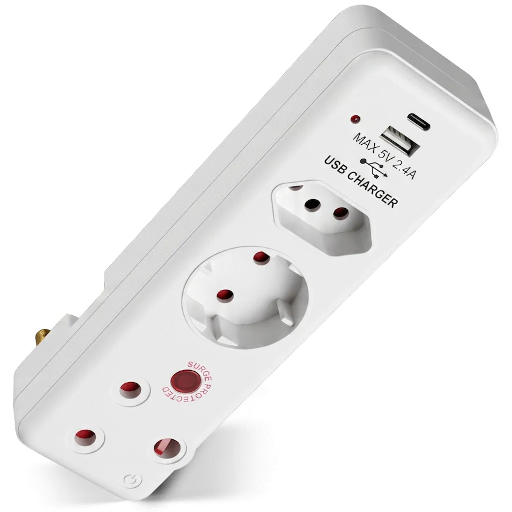 Switched 3-Way Medium Surge Adaptor - Schuko with Type-C + USB