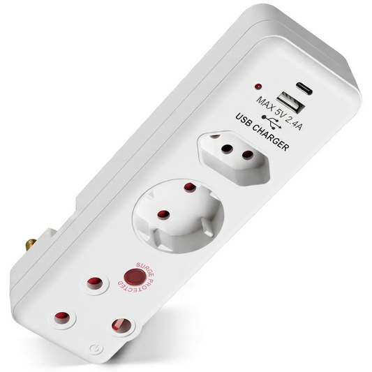 Switched 3-Way Medium Surge Adaptor - Schuko with Type-C + USB