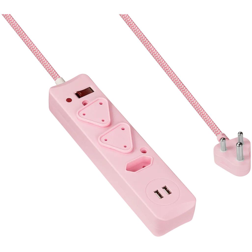 Switched 3-Way Surge-Protected Multiplug with Dual 2.4a USB Ports 3m Braided Cord