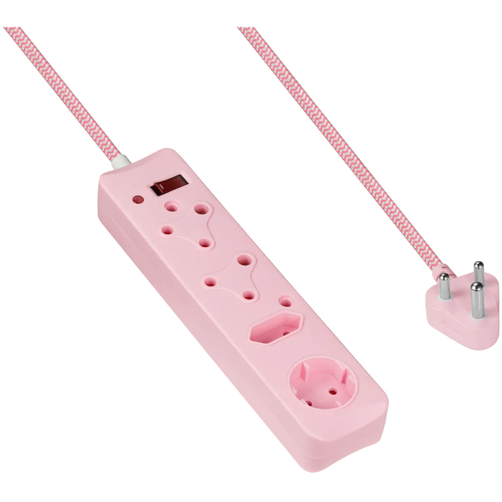 SWITCHED 4 Way Medium Surge Protected Multiplug 0.5M Braided Cord Pink