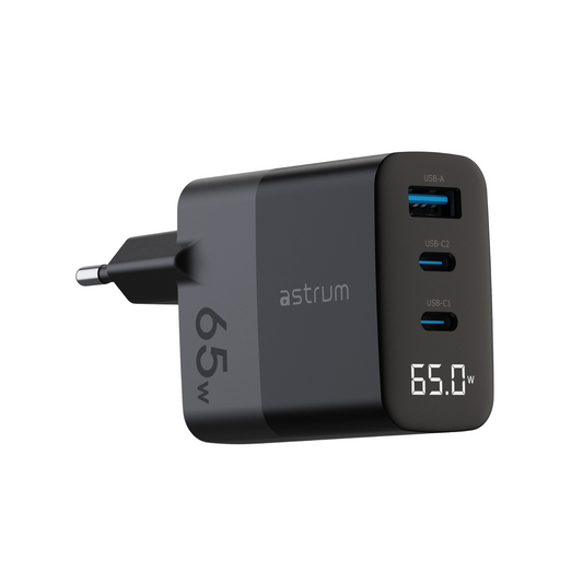 ASTRUM WATZ65G 65W PD WALL CHARGER 1A 2C LCD BK