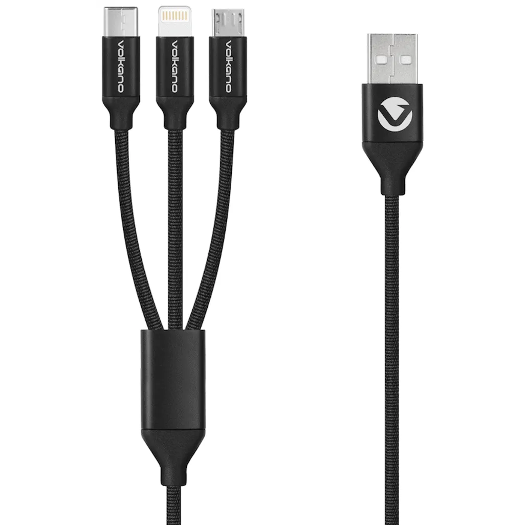 Volkano Weave Series Fabric Braided 3-in-1 (Type-C/Lightning/Micro) Cable 1m - Black