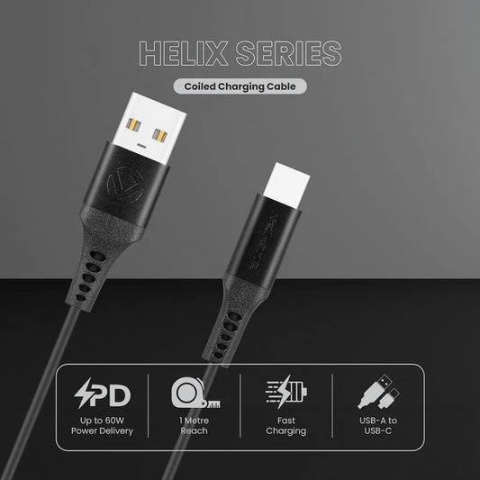 Volkano Helix Series Coiled 1m Charging Cable USB-A To USB-C 60W - Black