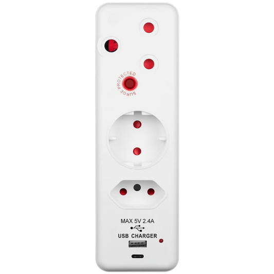 Switched 3-Way Medium Surge Adaptor - Schuko with Type-C + USB
