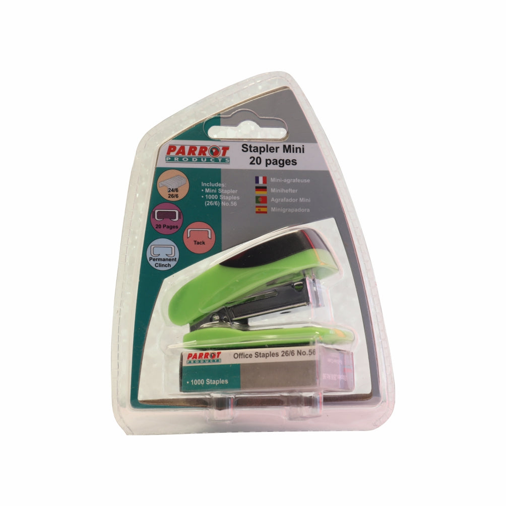 Parrot Stapler Plastic Mini Green + Staples
