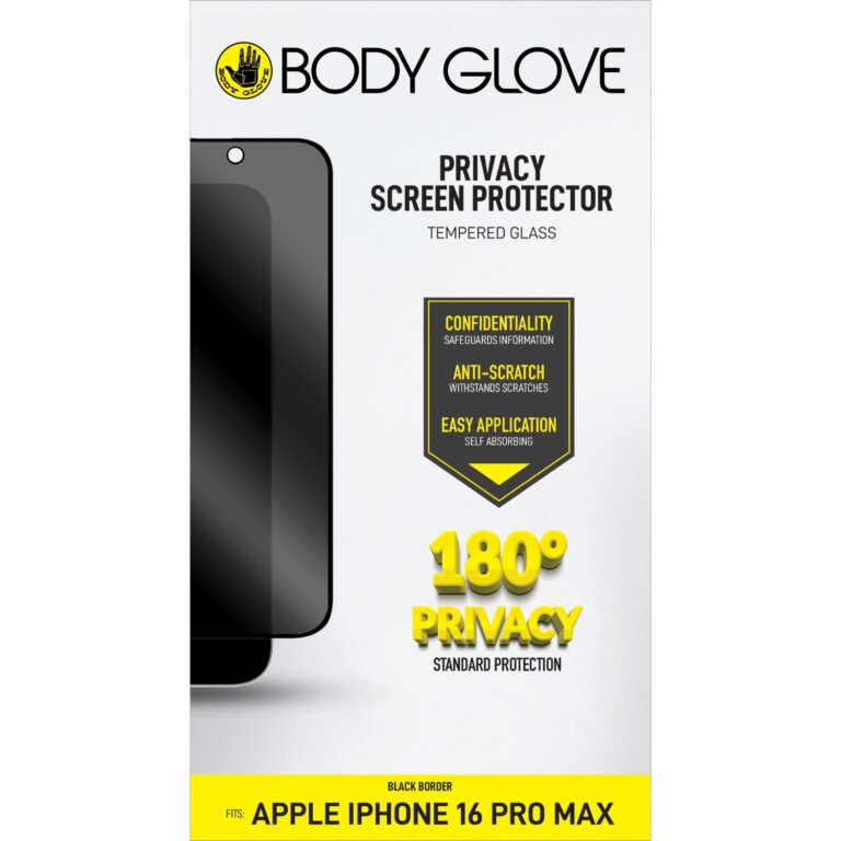 Body Glove Privacy Tempered Glass Screen Protector – Apple iPhone 16 Pro Max – Black Border