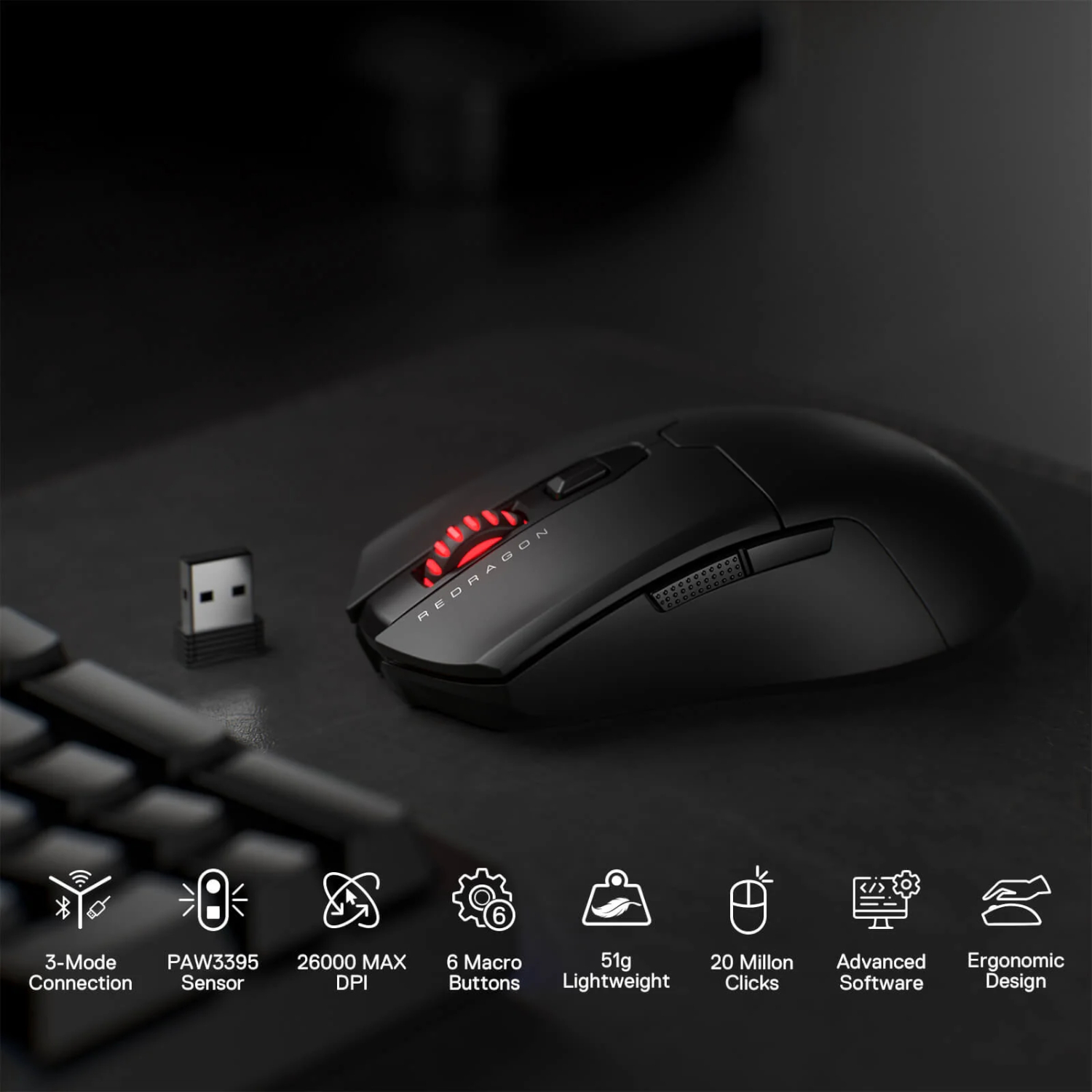 Redragon FYZU M995 PRO Wireless Gaming Mouse – Black - Image 2